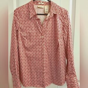 Liz & Co. Red and White Patterned Button-Up Long Sleeve Shirt, Size Medium.
